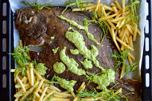 Roasted brill with parisian green sauce and fries - Pesky