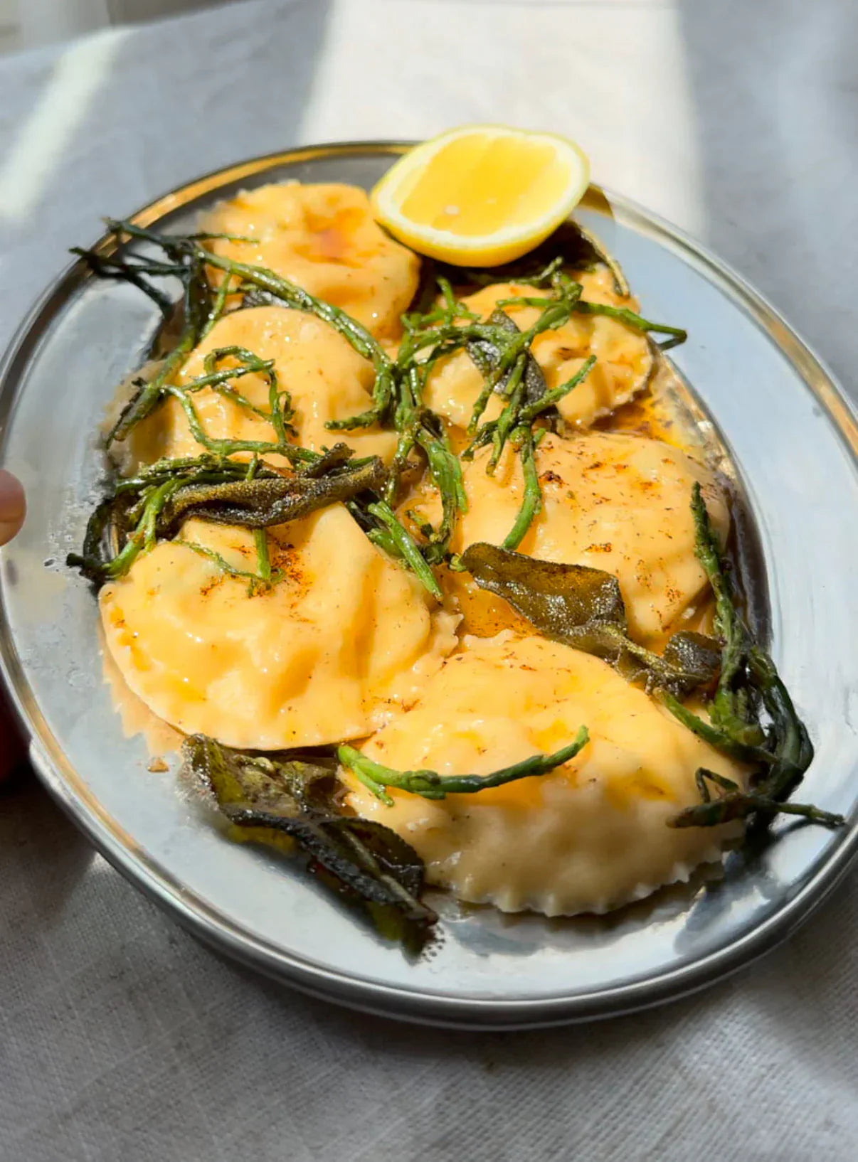 Crab Ravioli with Ricotta, Tarragon & Lemon-Sage Butter Sauce – Pesky