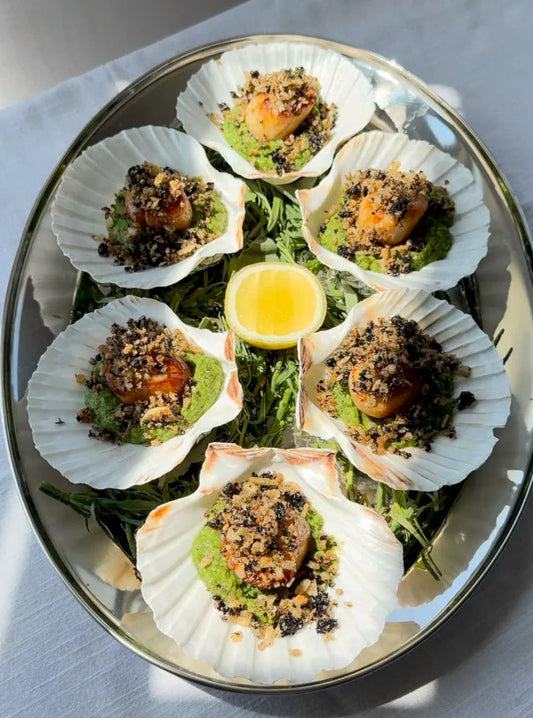 Seared Scallops with Minted Pea Purée & Boudin Noir Crumb
