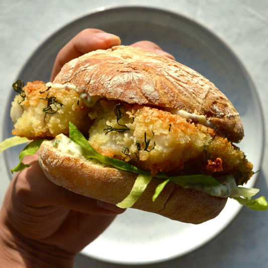 fish finger ciabatta sandwich with tartar sauce